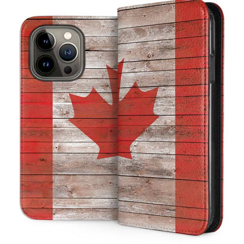 Canadian Flag Dark Wood iPhone 14 Pro Folio Case
